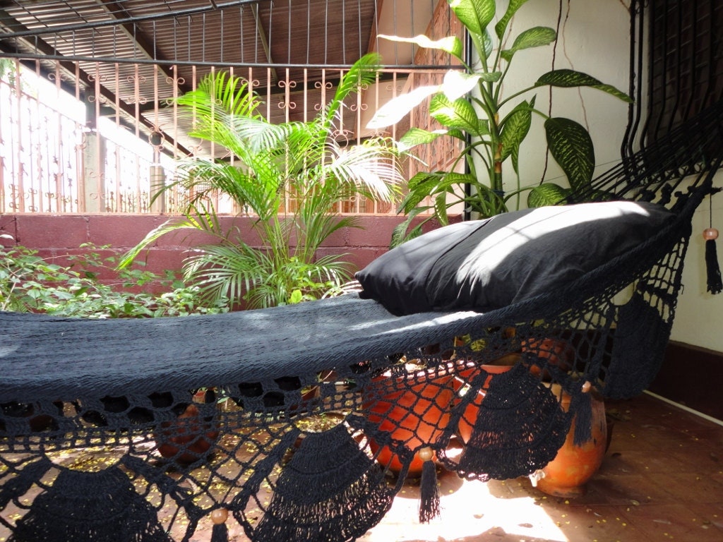 Black Hammock, Hand Woven Natural Cotton with Special Fringe
