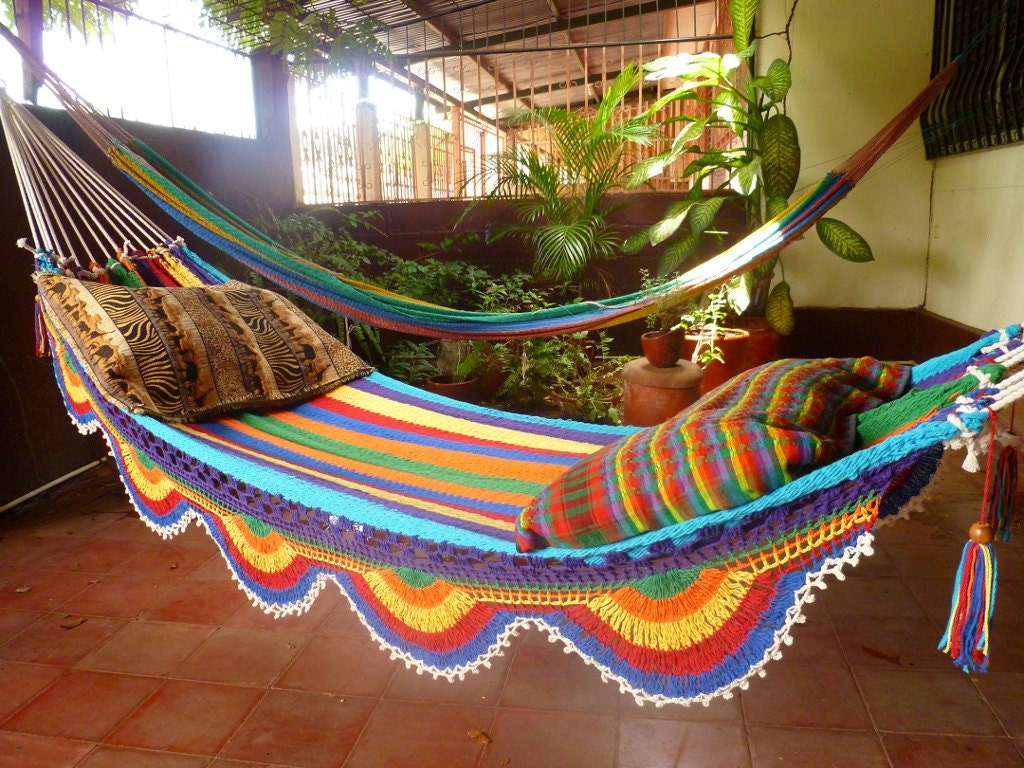 White Multicolor Hammock, Double Hammock Hand-Woven Simple Fringe