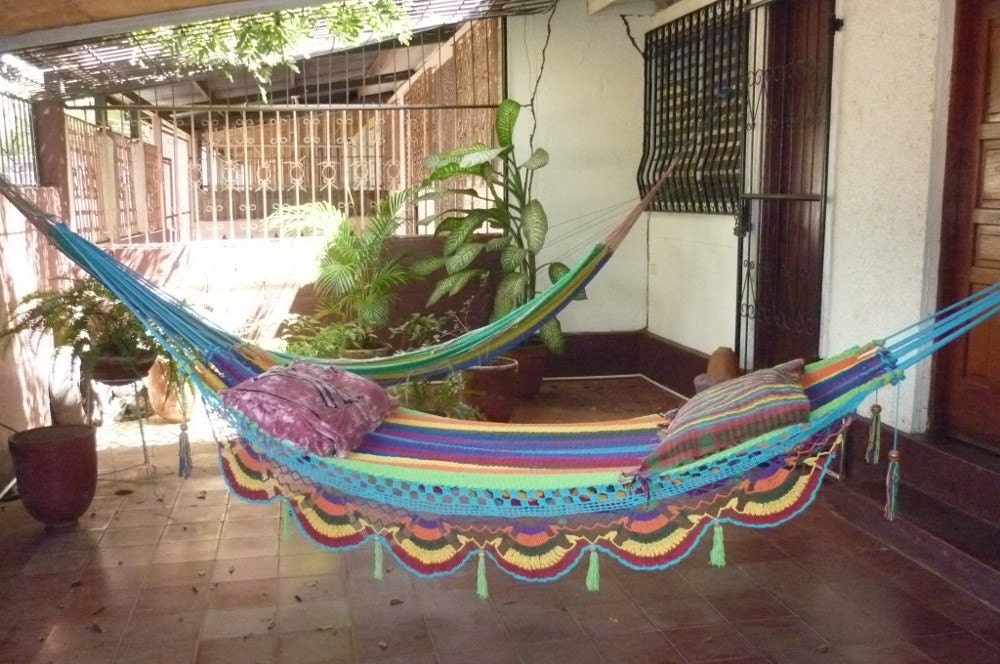 Hammocks, Beautiful Turquoise Double Hammock hand-woven Natural Cotton Special Fringe