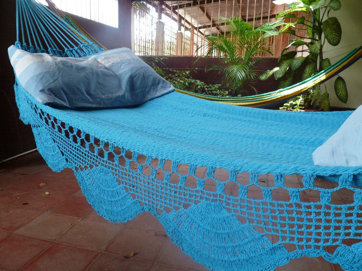 Turquoise hammock, Double Hammock hand-woven Natural Cotton Simple Fringe