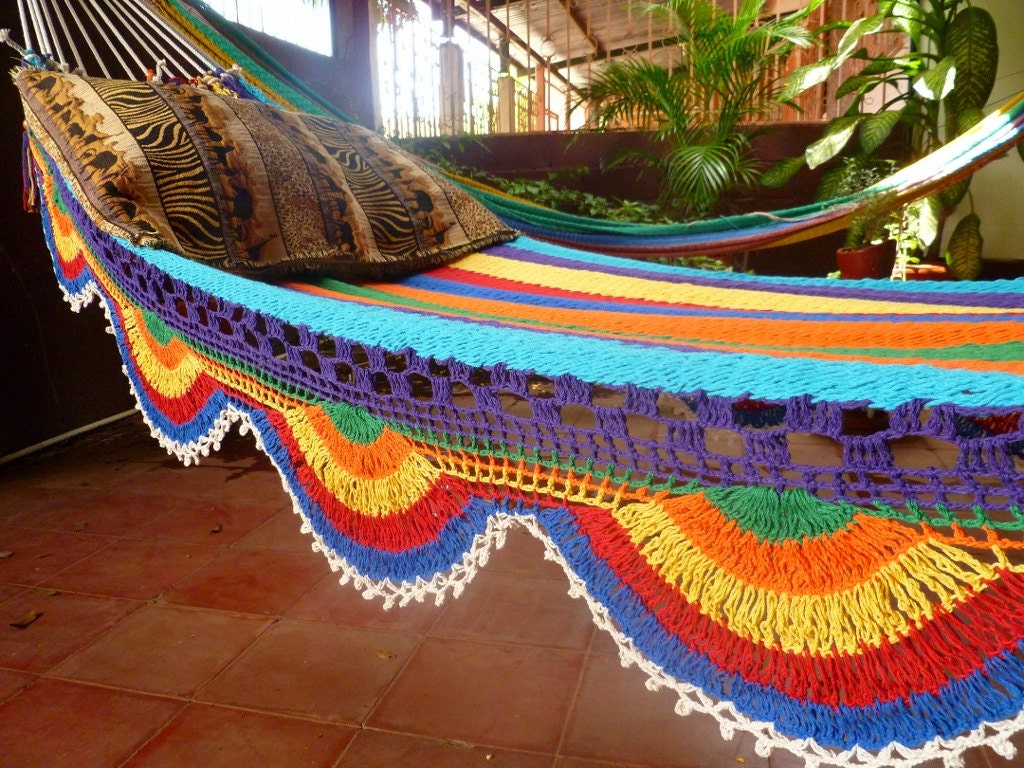 White Multicolor Hammock, Double Hammock Hand-Woven Simple Fringe