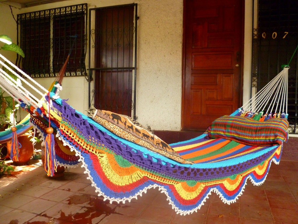 White Multicolor Hammock, Double Hammock Hand-Woven Simple Fringe