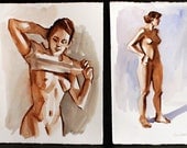 Nudes, a folio of two watercolors on Rives BFK each 10"x8"and 6"x10" by Kenney Mencher