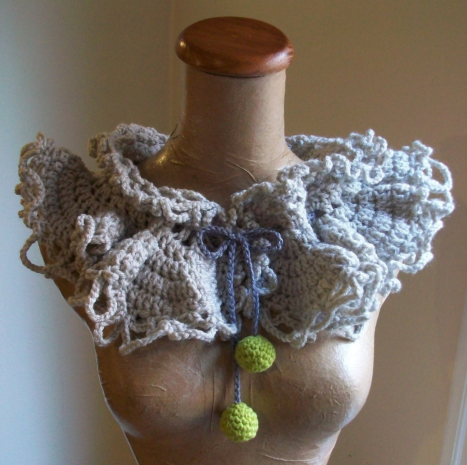light gray scarflette // crochet lace neckwarmer with pom pom tie  MADE TO ORDER