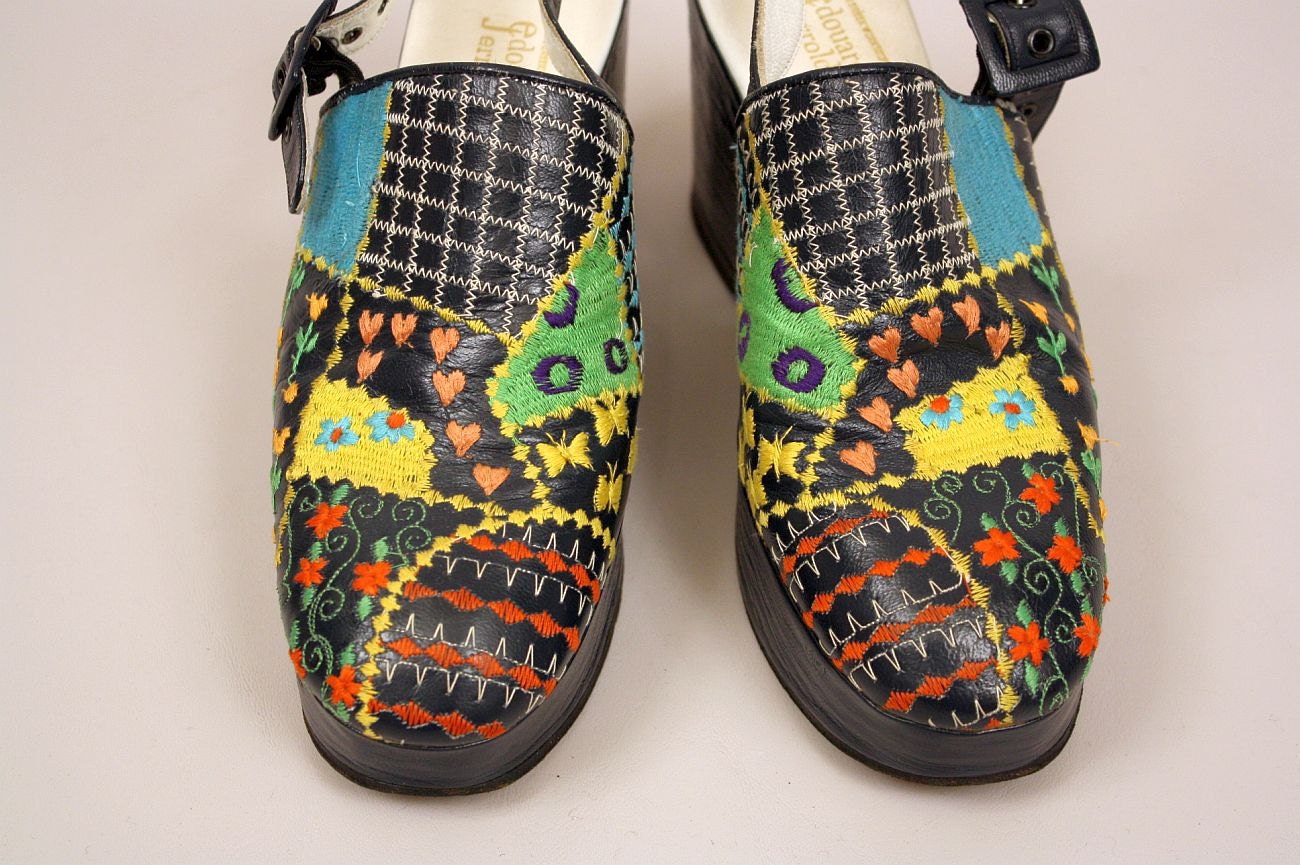 vintage 1970s platforms / museum Edouard Jerrold handmade shoes / patchwork toes