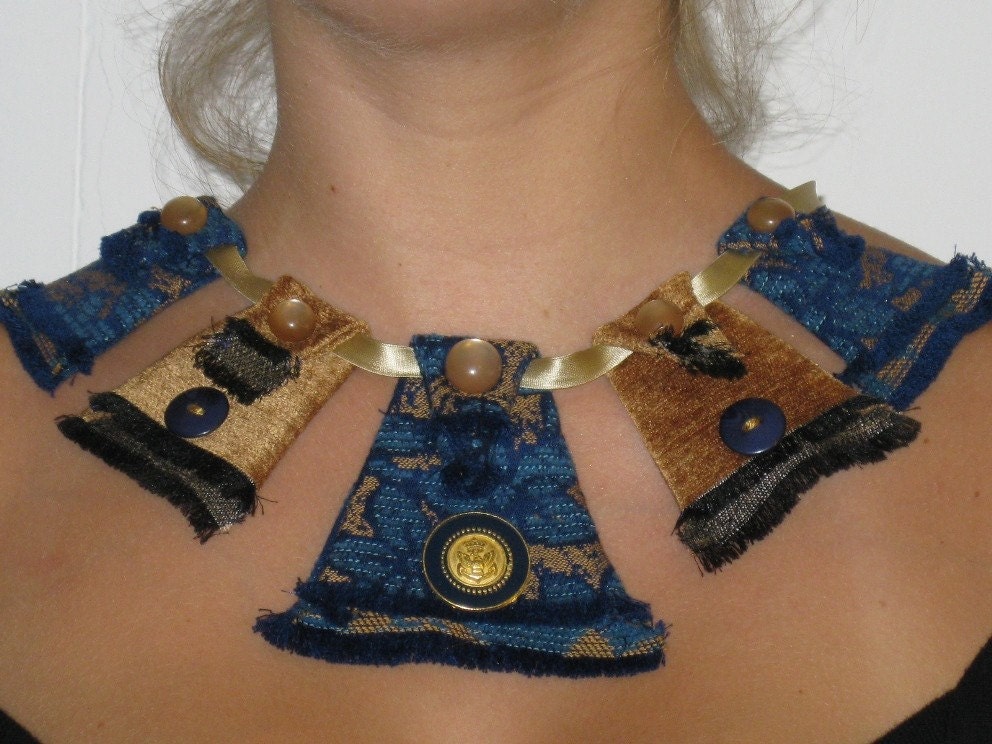 unique, artsy modern Upcycled CHOCKER - Bib - NECKLACE Fabric Textile Jewelry & Vintage / New Buttons and Beads in Blue brown sand Gold