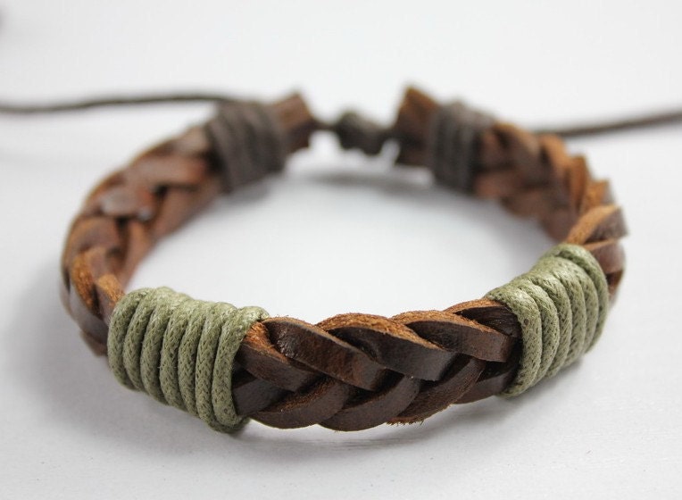 men or women brown knit leather bracelet with cord wraps f70