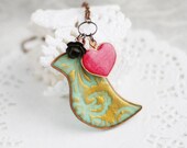 Romantic necklace- Mint and bronze bird with red heart and black rose