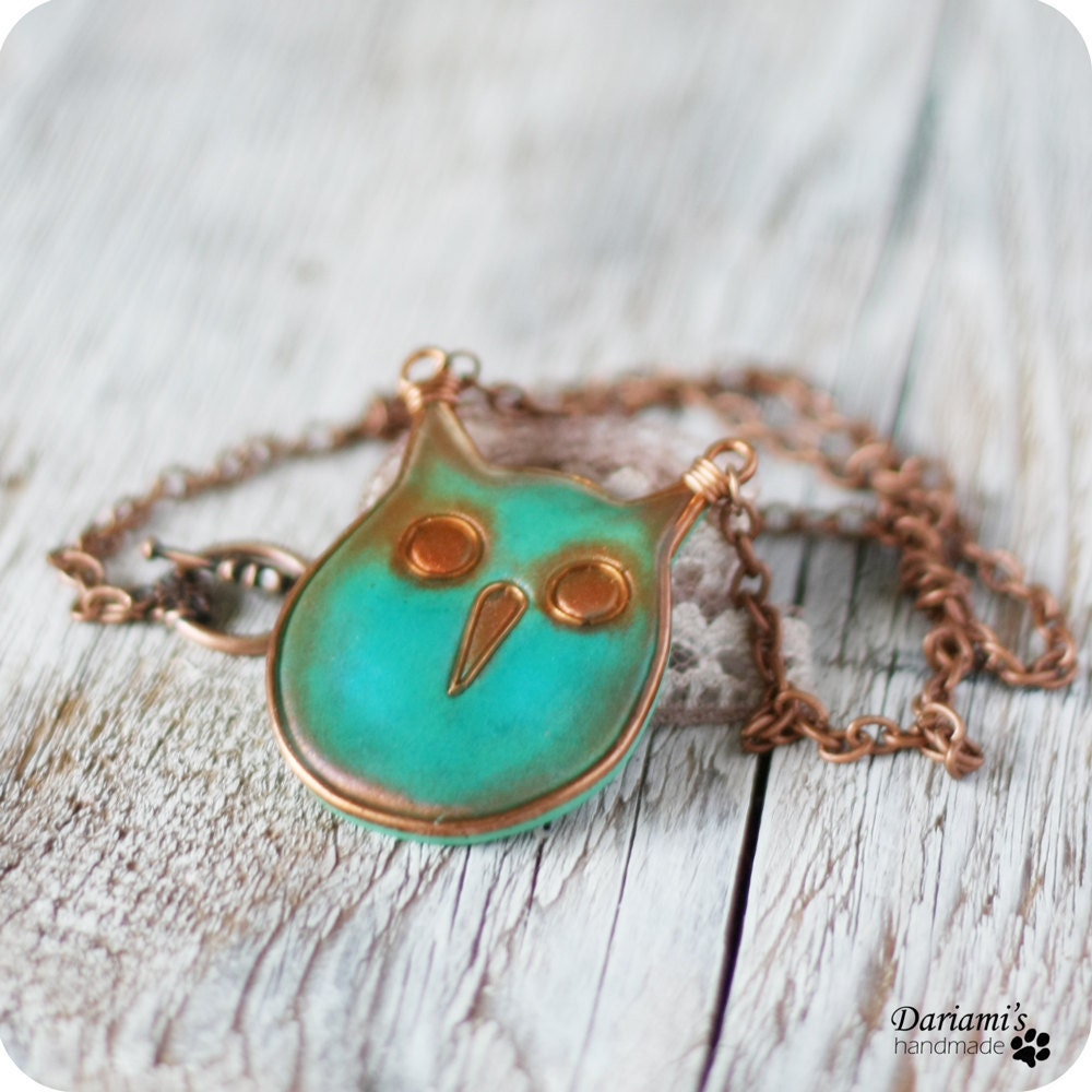 Woodland necklace- Green blue owl