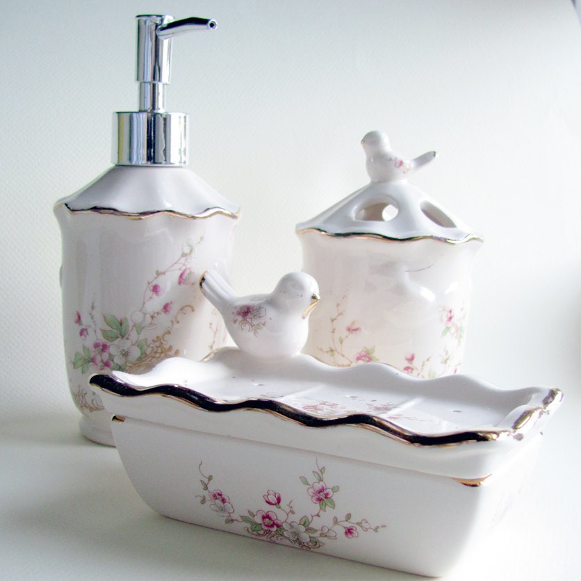 3 piece bathroom set with pink Belle Francais blossoms and 22kt gold