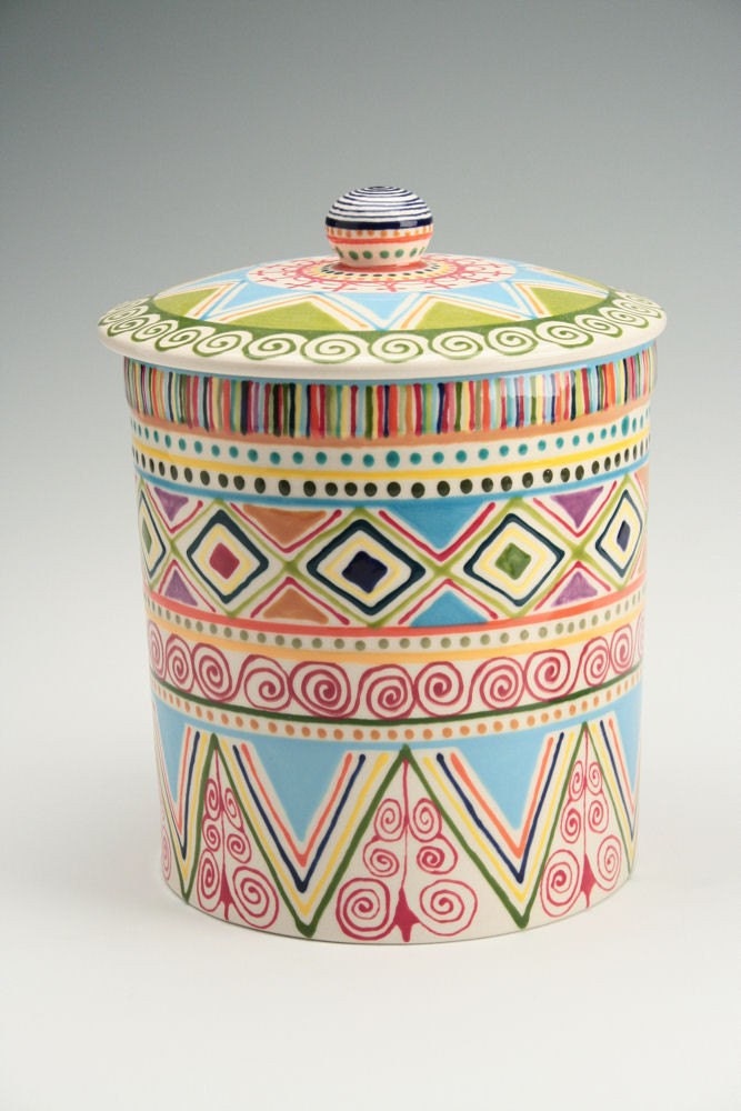 Bohemian Canister Set Multicolor with Lids Diamonds Stripes Dots Circles Hand Painted