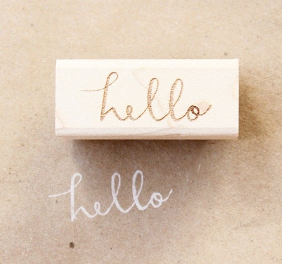 cursive hello wooden rubber stamp