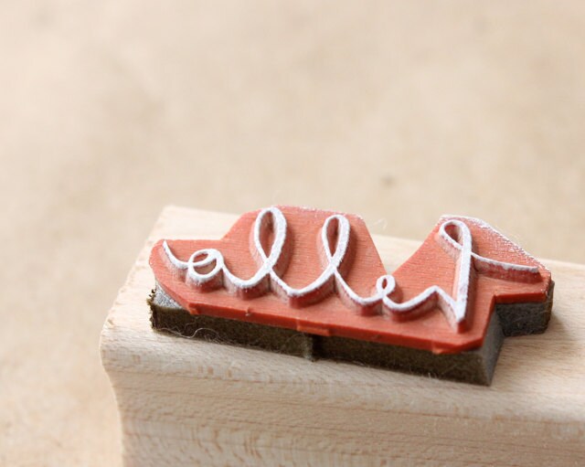 cursive hello wooden rubber stamp