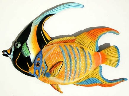 Tropical Fish Wall Art in Painted Metal - Moorish Idol & Queen Angelfish - Upcycled - Recycled Steel Oil Drum - 187