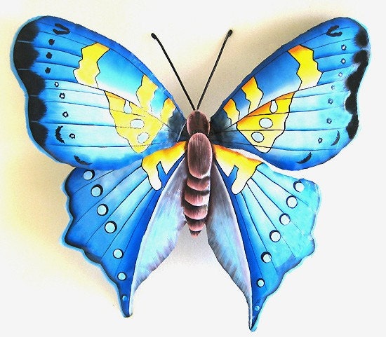 Hand Painted Metal Blue Butterfly Wall Hanging - Upcycled Haitian Steel Drum Tropical Art - BU-513-L-BL