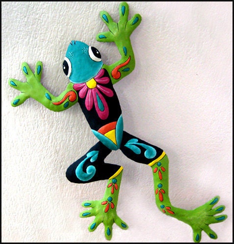 Frog - Green & Turquoise Wall Hanging - Painted Metal Tropical Garden Art Design - M703-TQ-GR-34