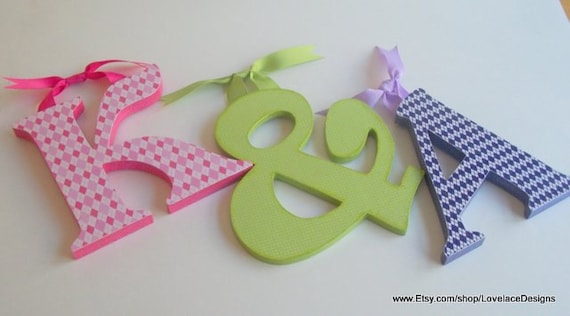 Nursery Wall Letters Wood Wall Letters Kids Room Decor Hanging Letters Fuchsia, Lime Green and Purple