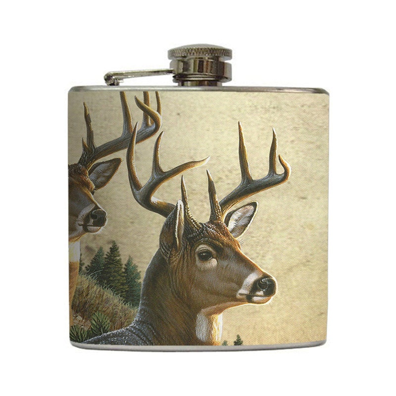 Deer Hunting Buck Whiskey Flask Camo Outdoorsmen Dad Groomsmen Guys Gift Stainless Steel 8 oz or 6 oz Liquor Hip Flask LC-1008