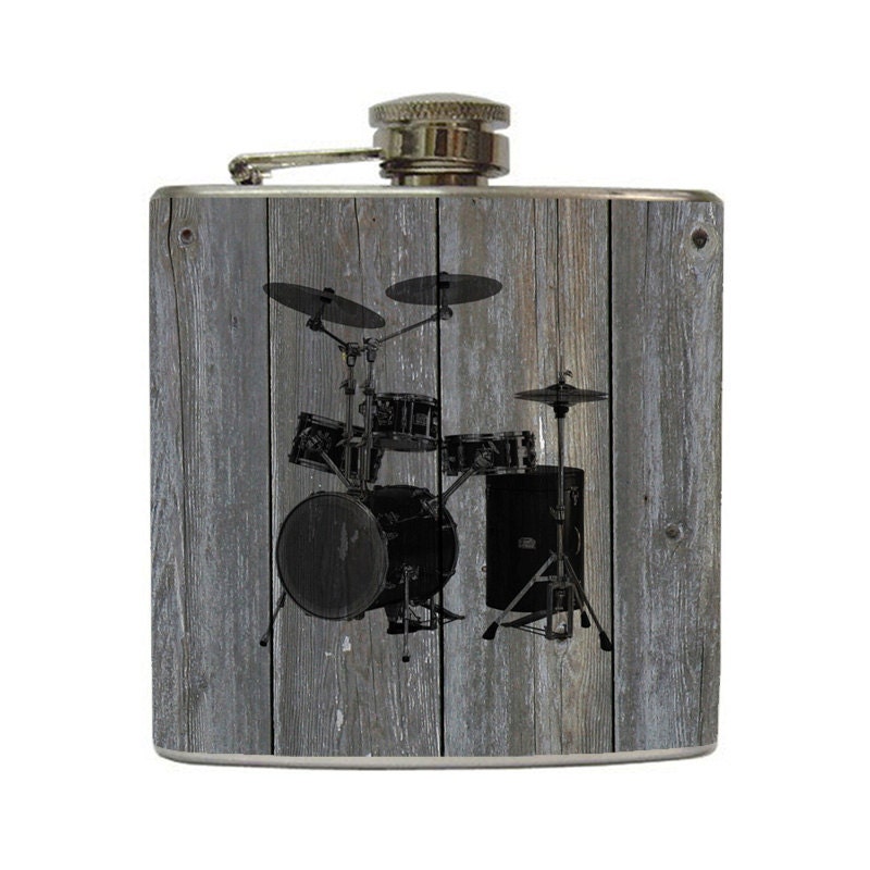 Drum Set Whiskey Flask on Vintage Distressed Gray Grey Old Barn Wood Gift Stainless Steel 6 oz Liquor Hip Flask LC-1163