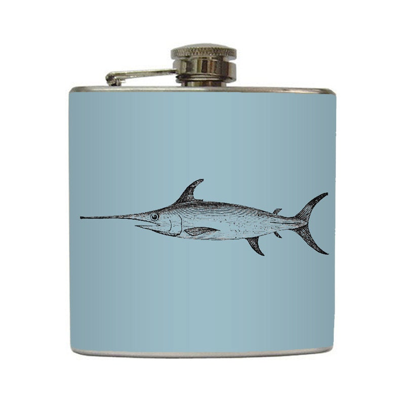 Vintage Swordfish Print Liquor Flask on Light Blue Groomsmen 21st Birthday Gift Stainless Steel 6 oz Liquor Hip Flask LC-1242