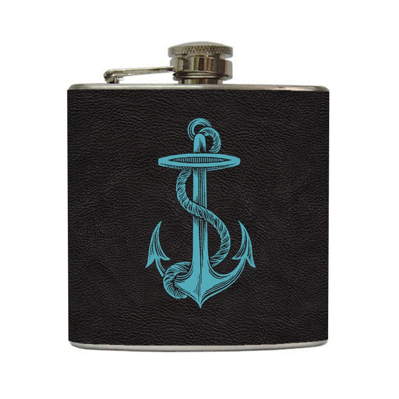 Retro Nautical Anchor Whiskey Flask Black Faux Leather Groomsmen Birthday Gift Stainless Steel 6 oz Liquor Hip Flask LC-1235