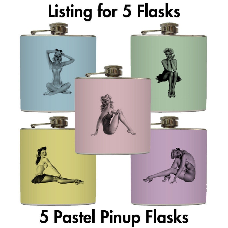 5 Pinup Girl Flasks Sexy Vintage Retro Pinups on Pastel Bridesmaid Gifts - 5 Stainless Steel 6 oz Liquor Hip Flasks LC-1046