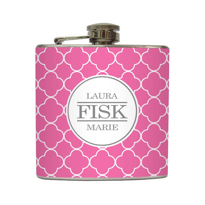 Personalized Flask with Name Monogram on Moroccan Pattern Wallpaper Custom Color - Stainless Steel 6 oz Liquor Hip Flask LC-1111