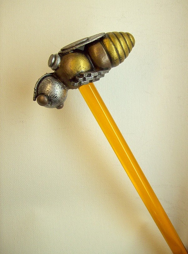 Robot Bee Cane with Wood Top Sculpture and Honey Clear Walking Stick