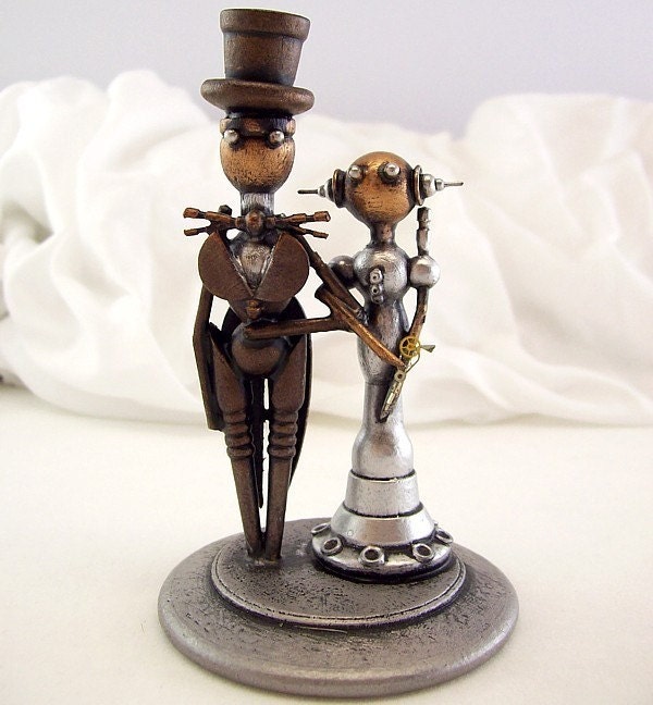 Small or CUPCAKE Elegant Robots Wood Wedding Cake Topper Space Princess Bride and Groom Top Hat Tails