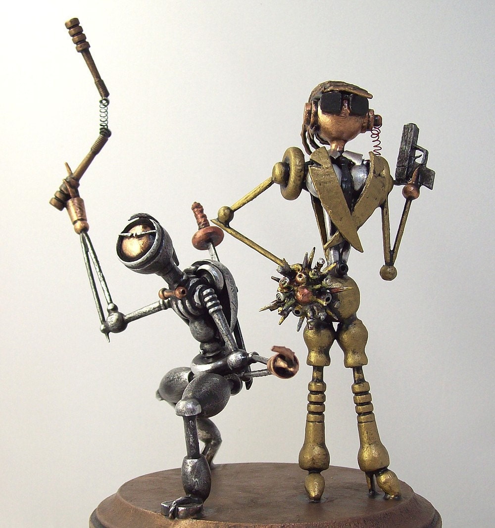 Robot Wedding Cake Topper Ninja CIA Agent Wood Miniature Sculpture