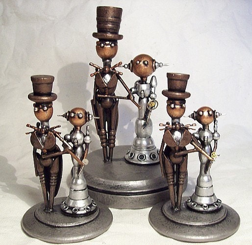 Small or CUPCAKE Elegant Robots Wood Wedding Cake Topper Space Princess Bride and Groom Top Hat Tails