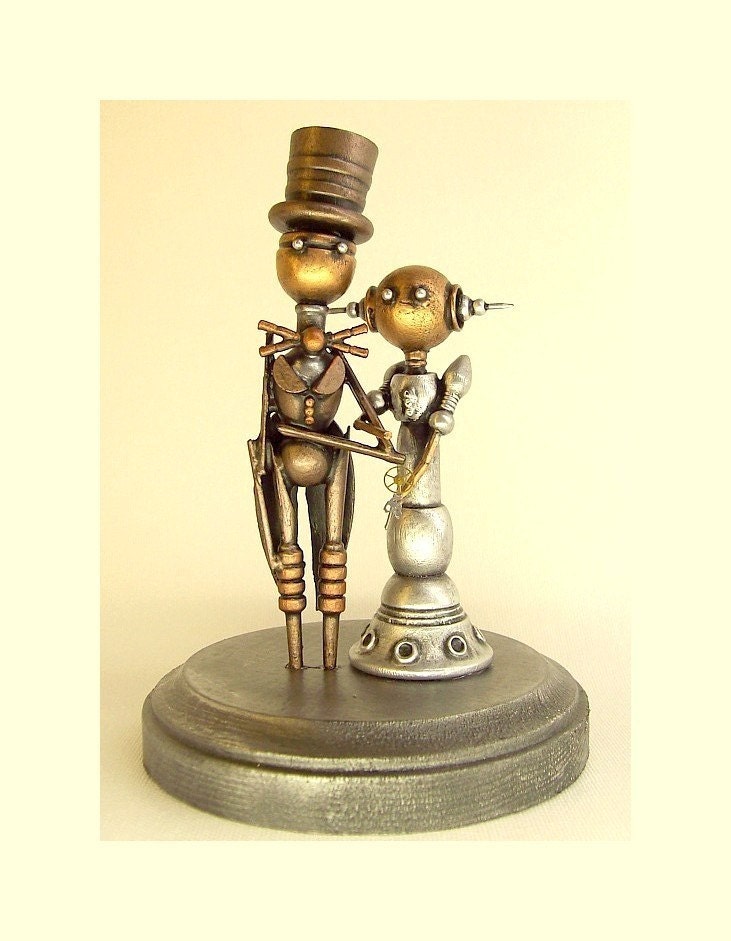 Robot Wedding Cake Topper Elegant Space Princess Bride Groom Top Hat Tails Wood Steampunk Statues