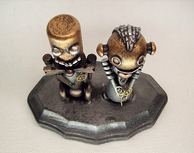 Robot Bride and Groom Wedding Cake Topper Wood Statues with Base