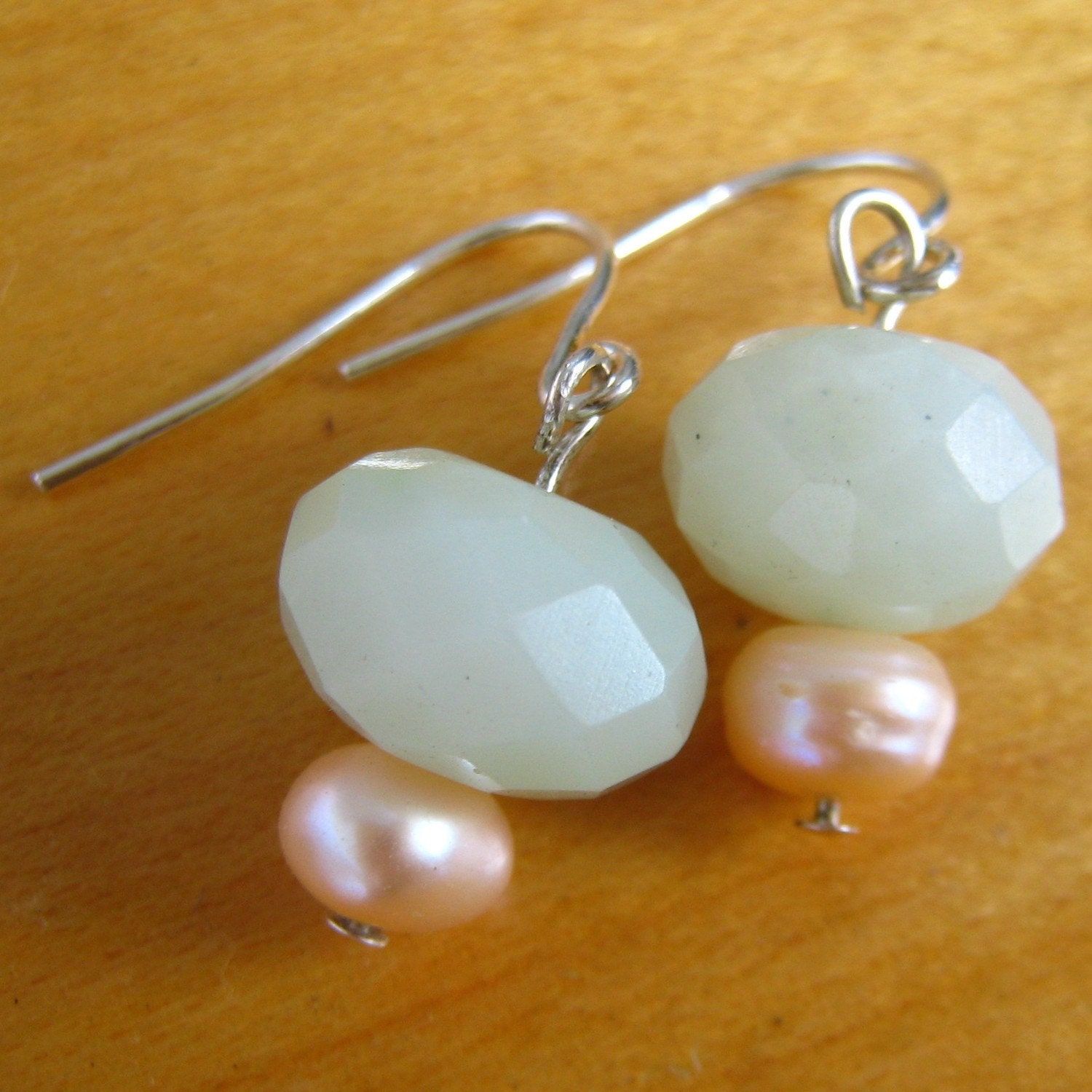 Pale Green Gemstone Earrings with Pink Freshwater Pearls, Sterling Silver