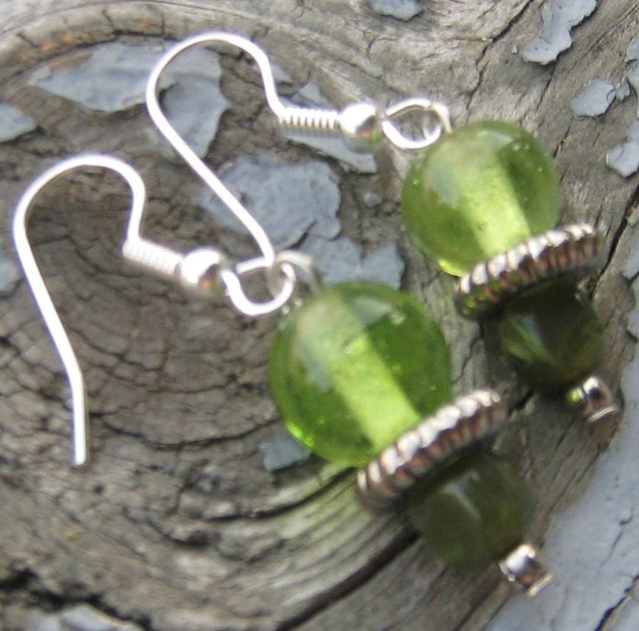 Pale Olive Green and Silver Beaded Dangly Earrings