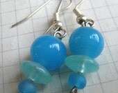 Bright Turqoise Blue and Seafoam Green Glass Dangly Silver Earrings
