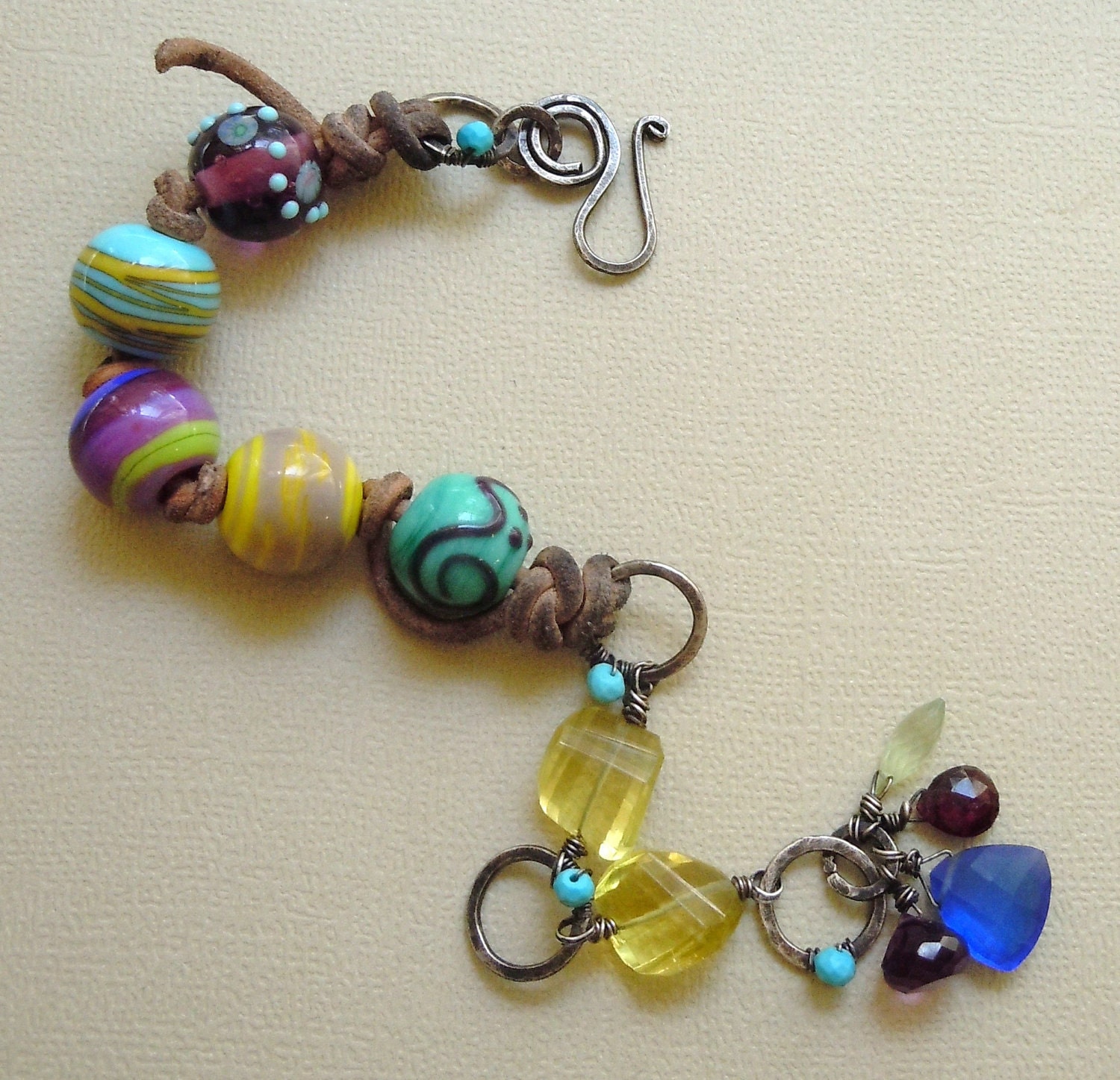 Aged Sterling Silver Bracelet featuring Lampwork beads and AAA Grade Lemon Quartz and Assorted Other Gemstones