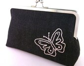 Butterfly - hand embroidered 8inch/20cm clutch purse - black denim and pink