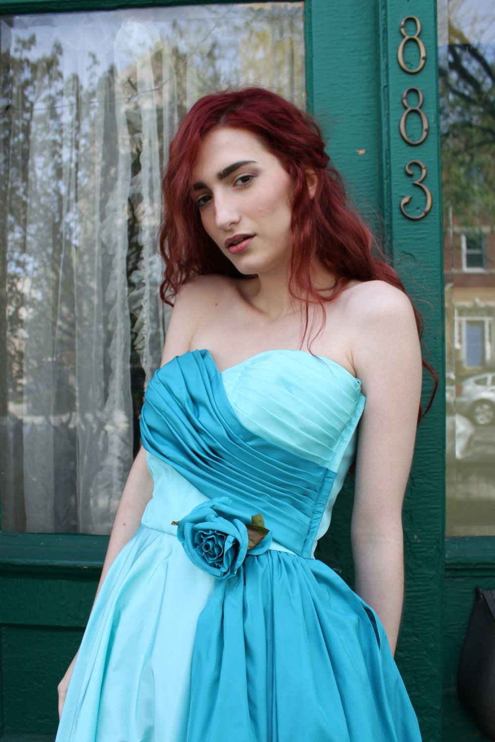 Dress 1950s Vintage 50s Aqua Blue Teal Full Skirt Strapless Prom M Medium