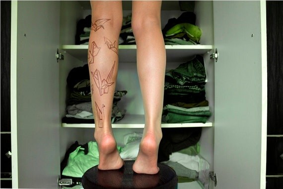 Tatto Tights - Origami birds / paper art / tattoo art / printed full length tights