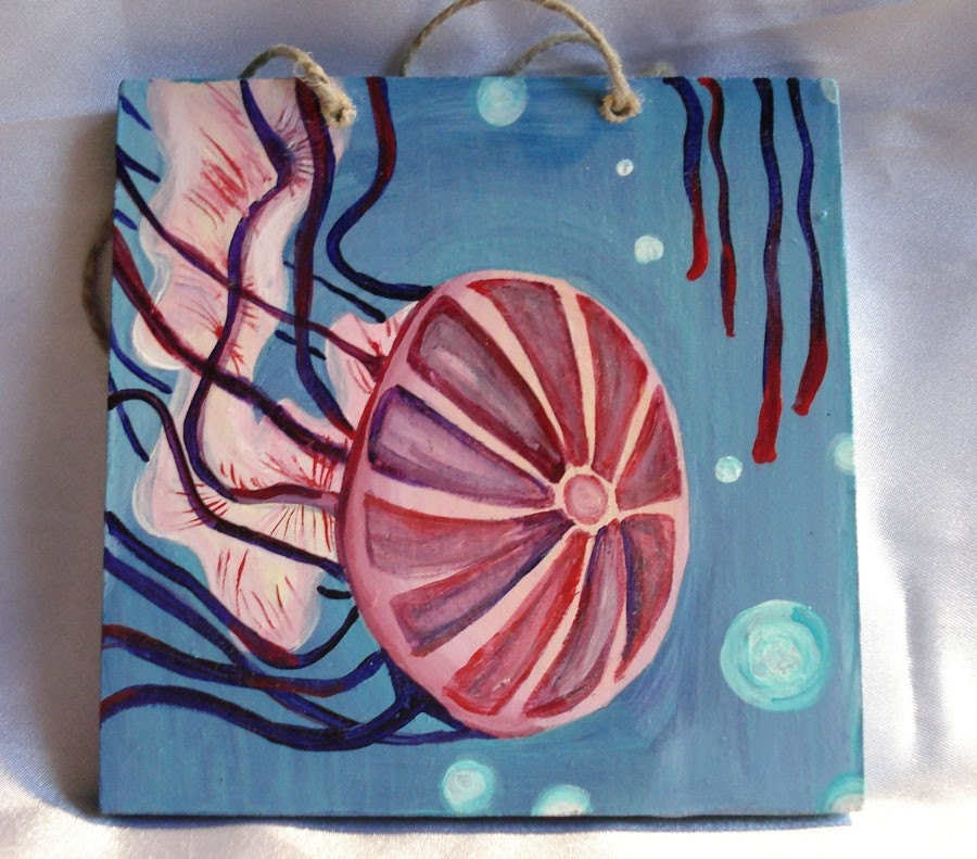 Tiny Original Pink and Blue Jellyfish Painting by Amanda Christine 4x4 inches