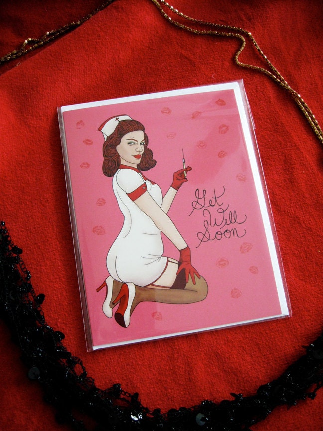 Get Well Soon - Pin Up Girl Greeting Card - blank inside