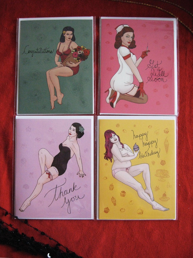 Pin Up Girl All Occasion Card Set - Set of 4 All-Occasion Greeting Cards - blank inside