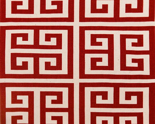 Home Dec Fabric Yardage - Towers Greek Key  - Premier Prints Designer -Red and Natural - 1 Yard
