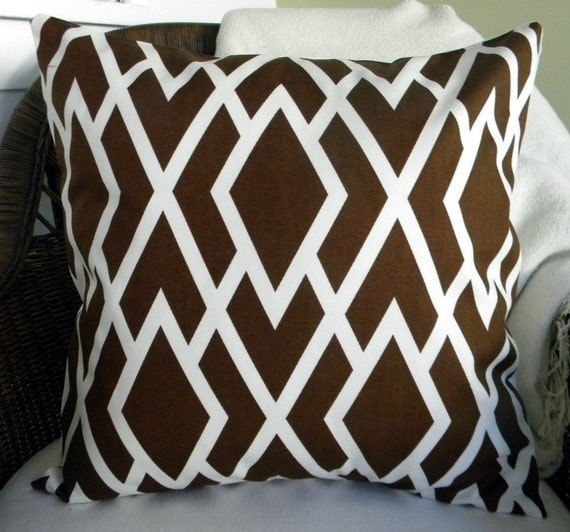 NEW - Designer Decorative Throw Pillow Cover - Lattice Print - Chocolate Brown and  Ivory - 18 Inches Square