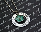 mother's necklace, personalized with names and a flower charm on a washer, hand stamped