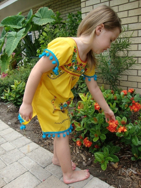 FREE SHIPPING Hand Embroidered Pom Pom Puebla Girl Mexican Dresses