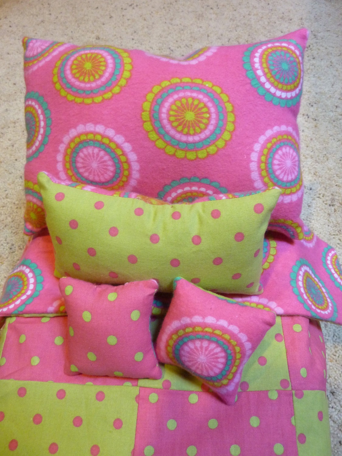 18" American Doll Bedding - Pink and Green Polka Dot - Under 25