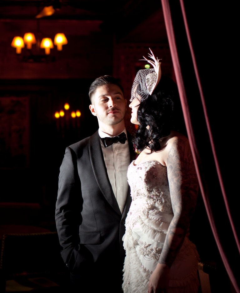 1940s style Bridal headpiece in white,ivory,champagne silk with feathers and detachable birdcage veil.
