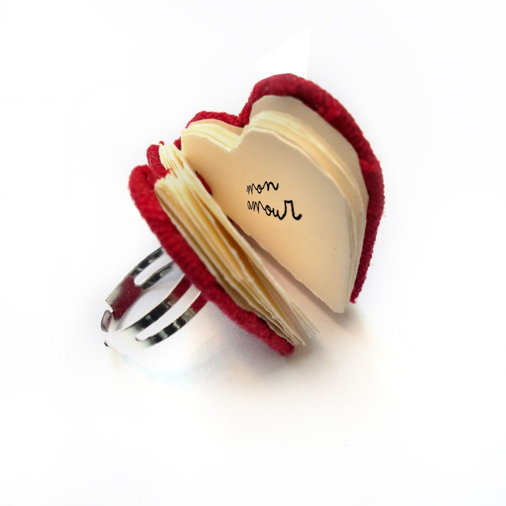 SALE - Mini Book Heart Ring - Valentine Gift - mini handbound book - fabric cover and drawing paper pages- adjustable ring